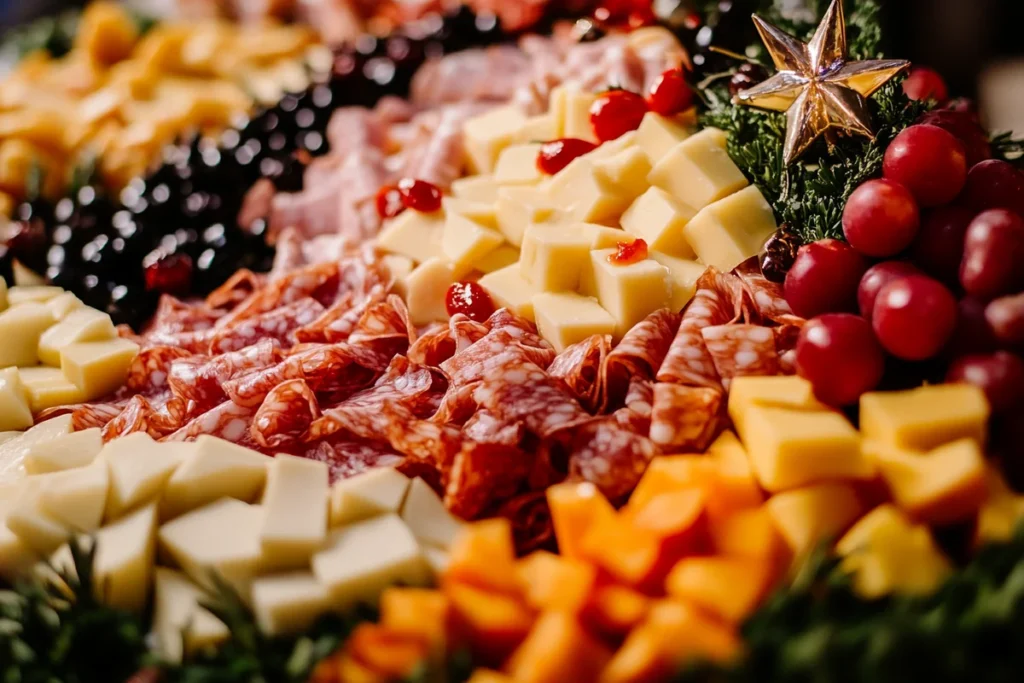 Make Christmas tree board with cheeses, meats, and fruit.