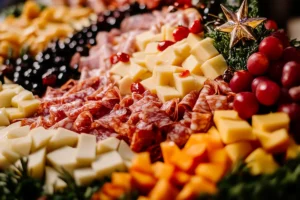Make Christmas tree board with cheeses, meats, and fruit.
