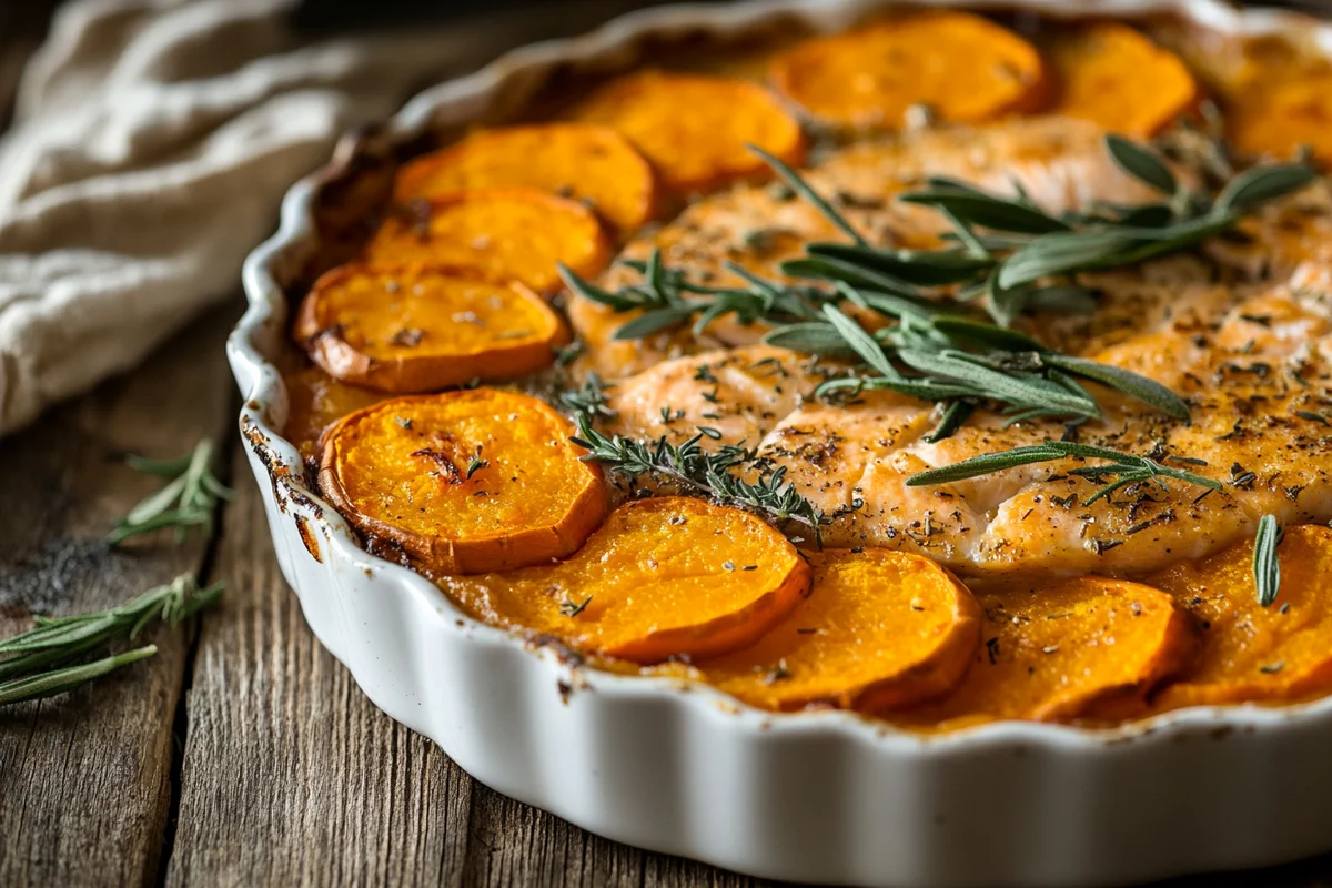 Delicious baked salmon and sweet potato dish.