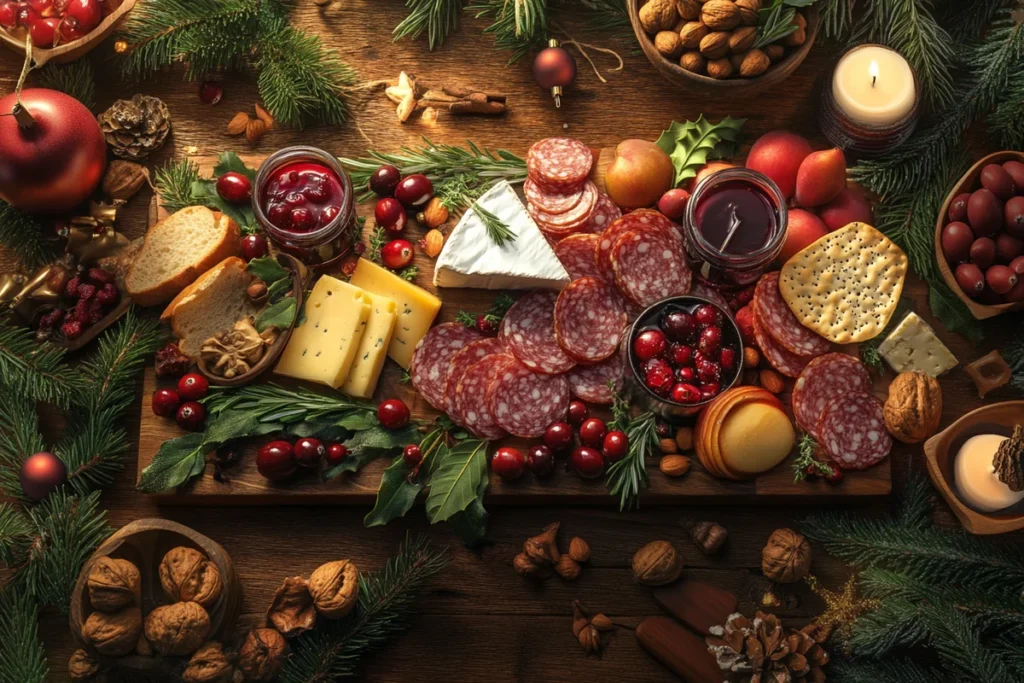 A festive christmas charcuterie board filled with cheese, meats, and holiday treats.