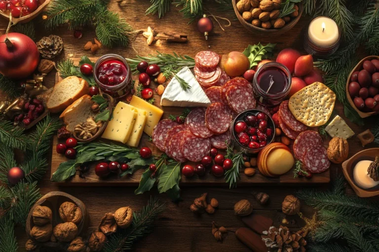 A festive christmas charcuterie board filled with cheese, meats, and holiday treats.