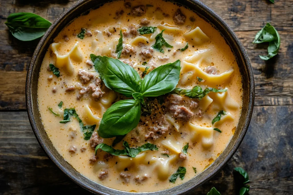 Creamy Alfredo Lasagna Soup close up.