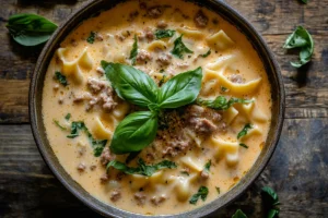 Creamy Alfredo Lasagna Soup close up.