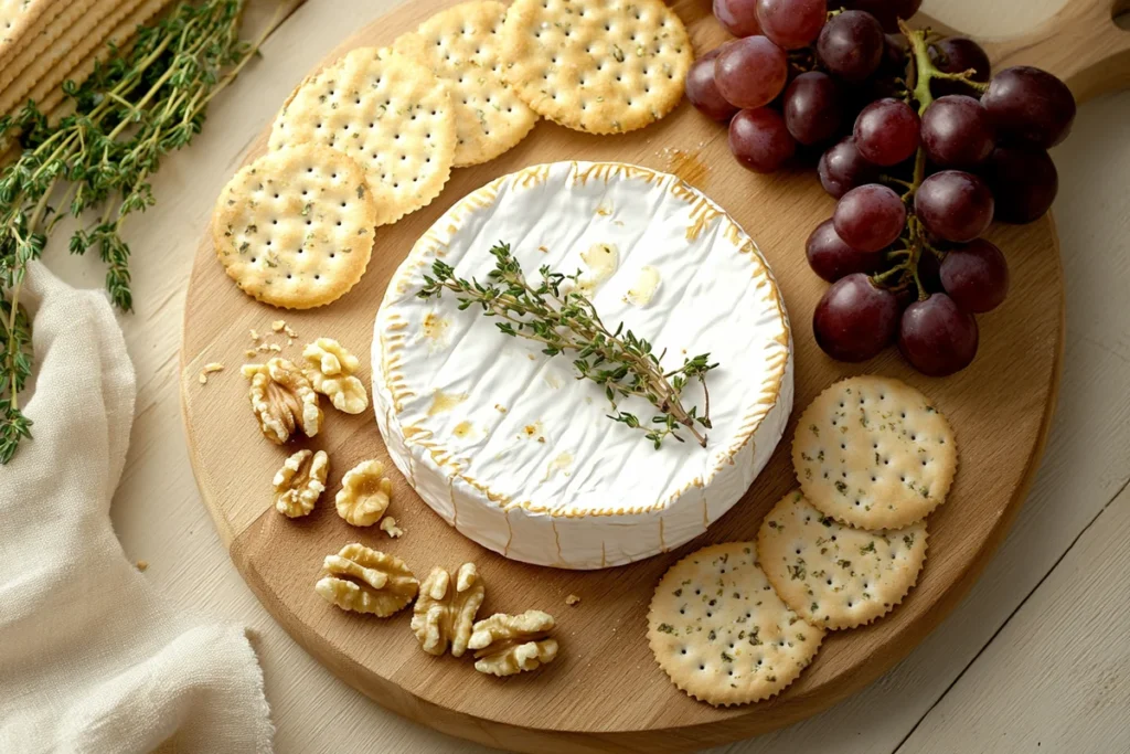 Best crackers for brie presented artfully on a serving board next to ripe brie. Title: Selection of Crackers for Brie Cheese.