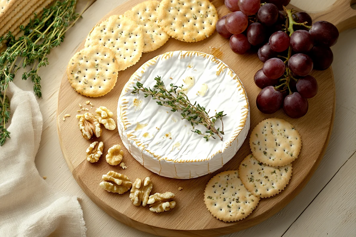 Best crackers for brie presented artfully on a serving board next to ripe brie. Title: Selection of Crackers for Brie Cheese.