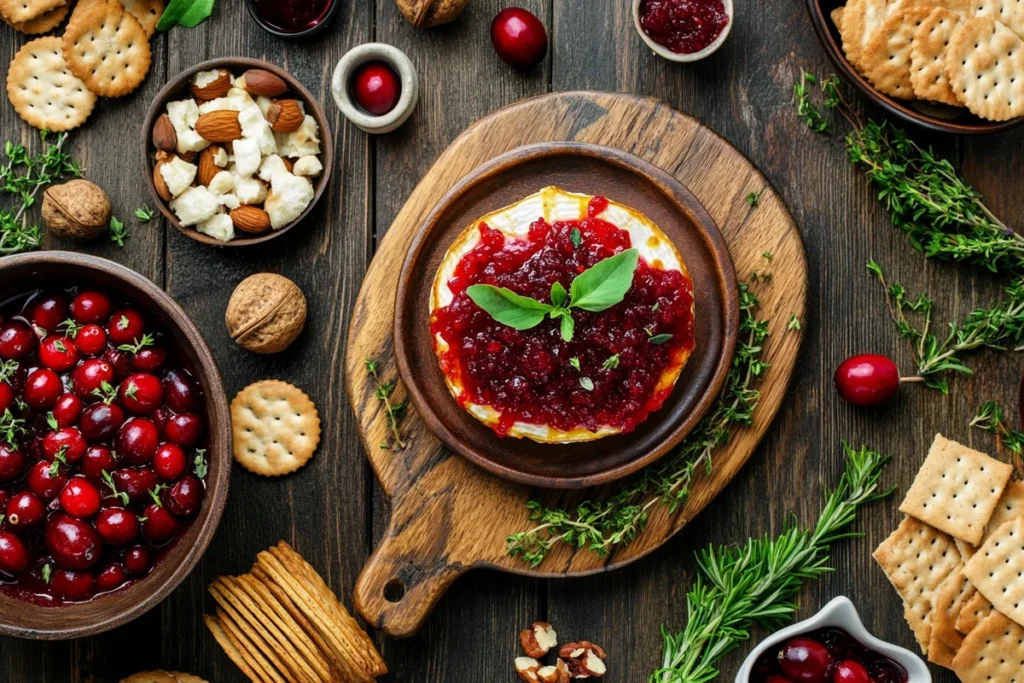 Baked brie with cranberry sauce, a delicious appetizer.