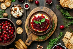 Baked brie with cranberry sauce, a delicious appetizer.