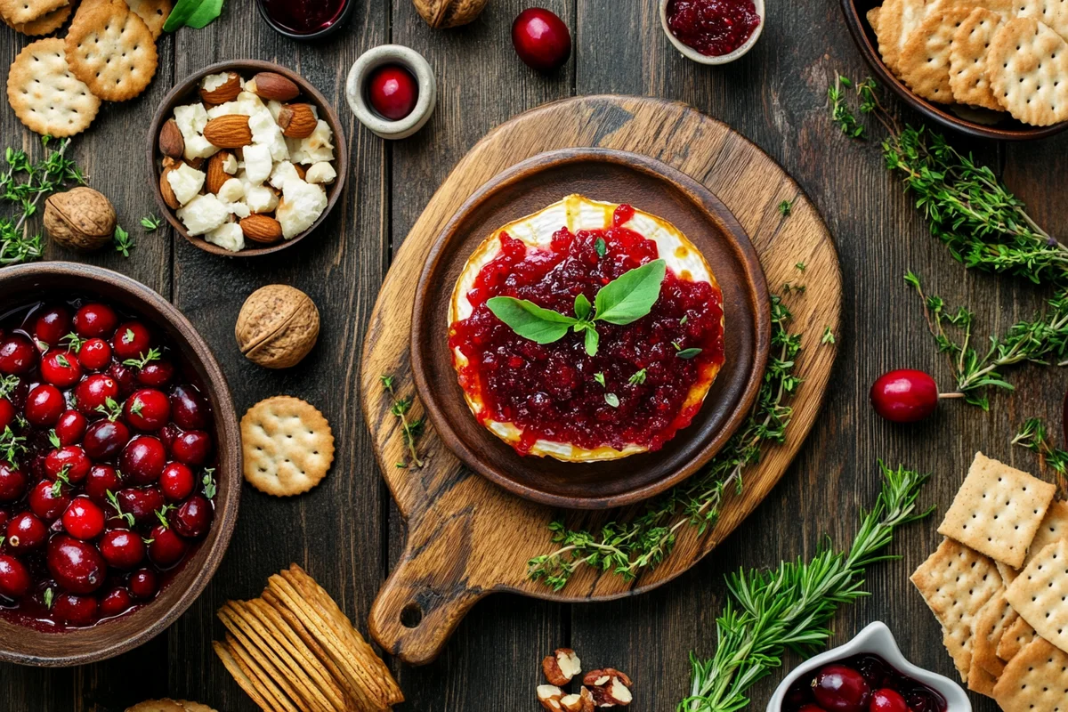 Baked brie with cranberry sauce, a delicious appetizer.