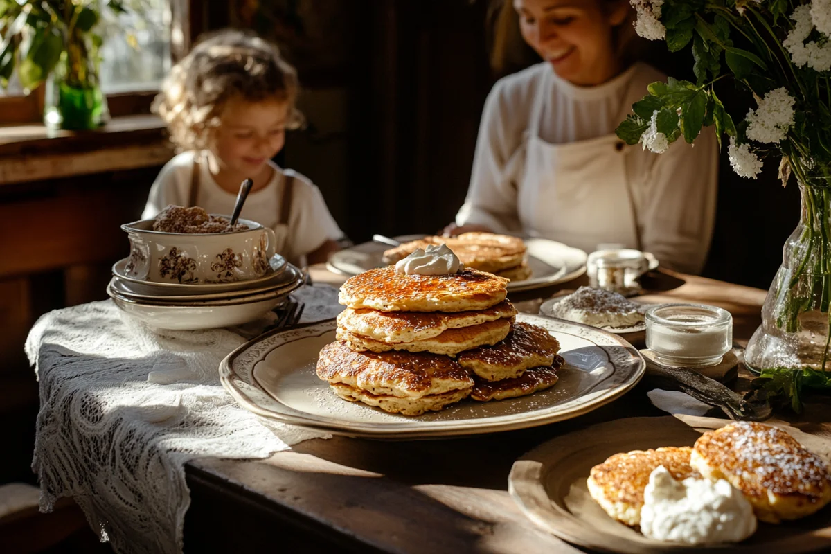 A stack of pancakes sits on a plate on a table, with a woman and child slightly out of focus in the background.