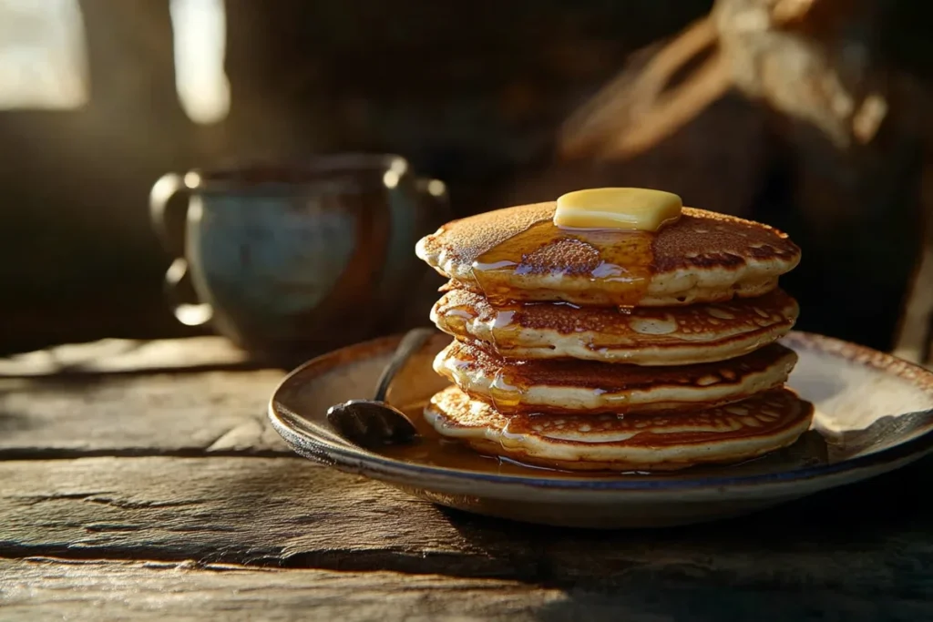 A stack of pancakes topped with butter and syrup sits on a plate.