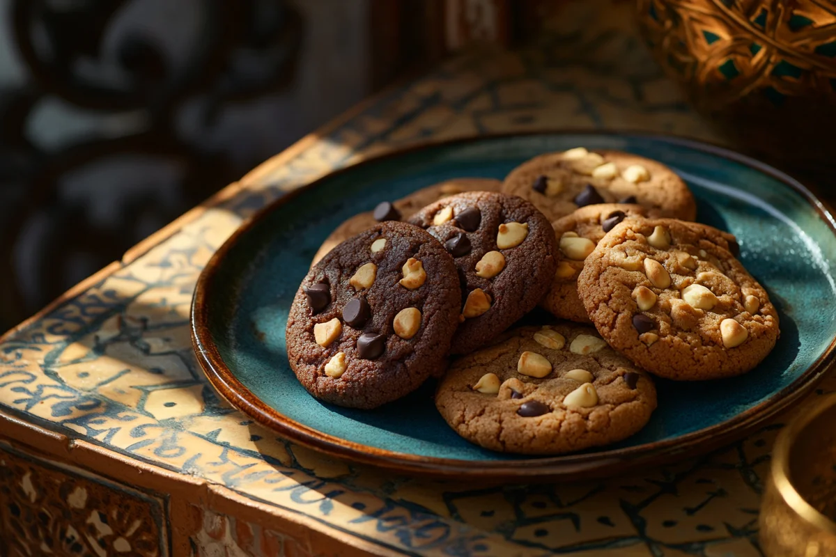 A plate of chocolate chip cookies sits on a decorative table.