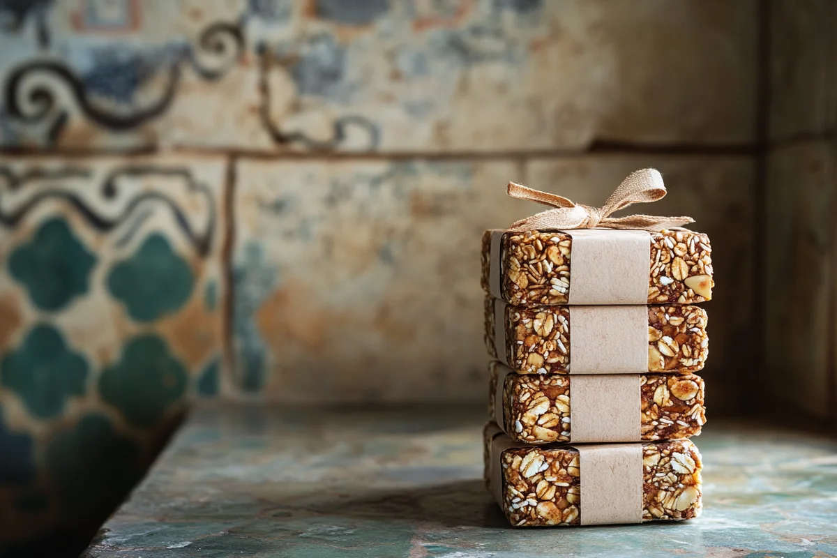 A stack of three homemade granola bars tied together with twine sits on a table.