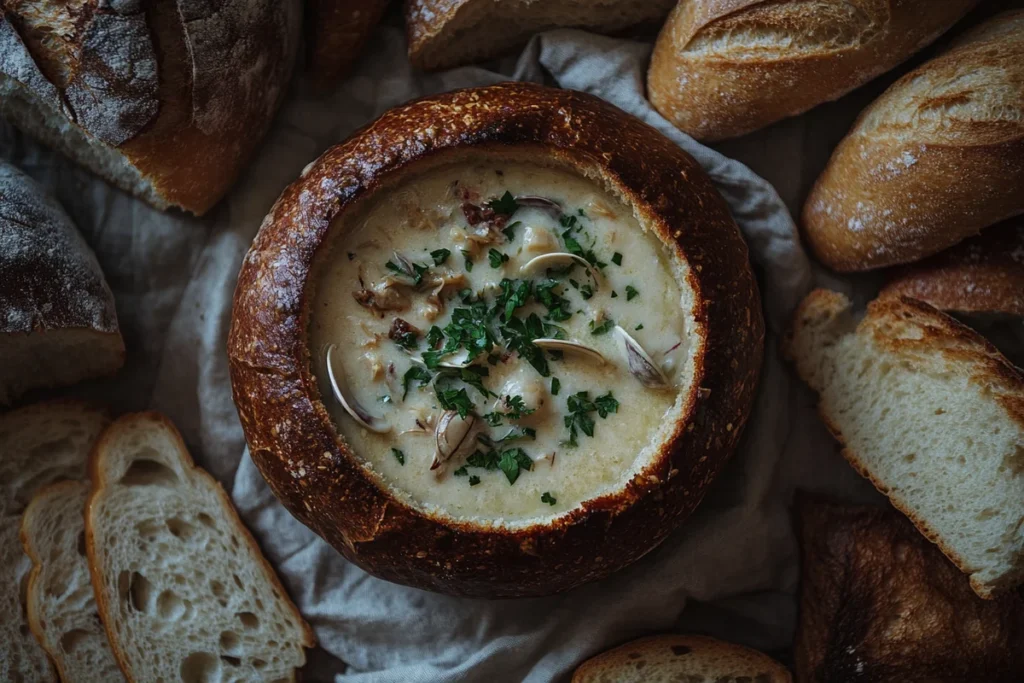 Bread options for clam chowder, such as crusty and soft types, enhance the dish.