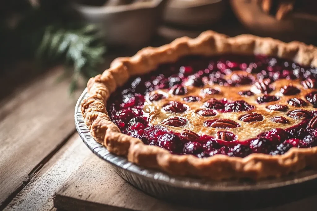 A delicious slice of cranberry pecan pie on a white plate.