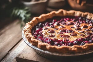 A delicious slice of cranberry pecan pie on a white plate.
