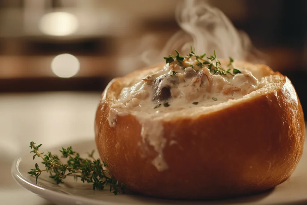 Delicious clam chowder bread bowl with fresh parsley garnish