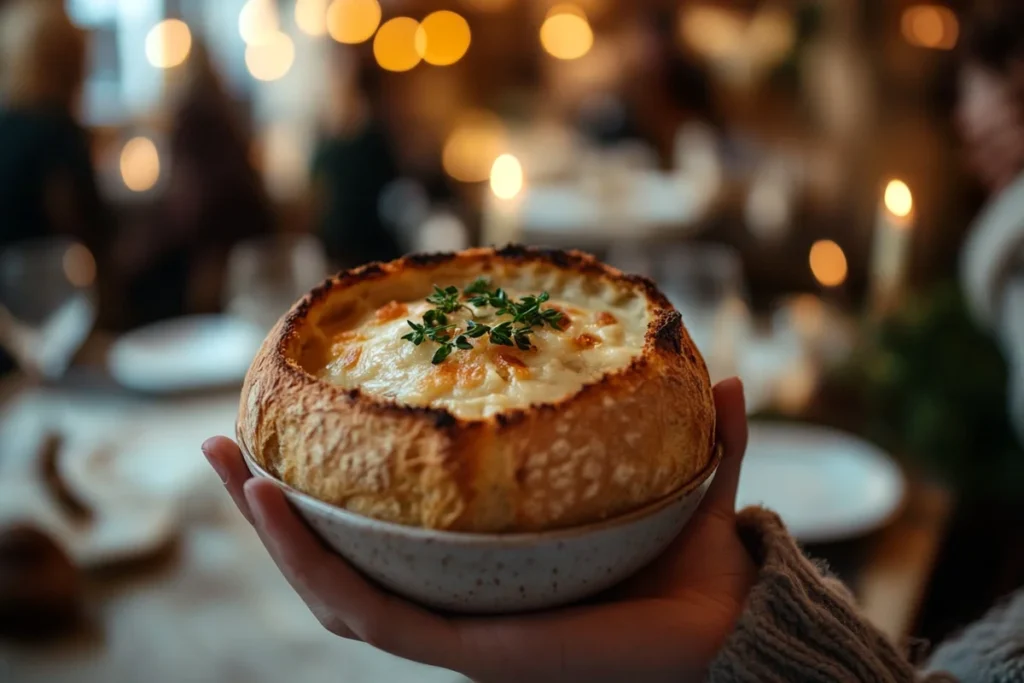 Do you eat the bread bowl after soup? A bread bowl filled with delicious soup.