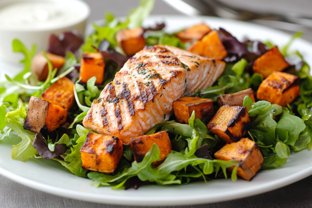 *Salmon and sweet potato* in a healthy salad