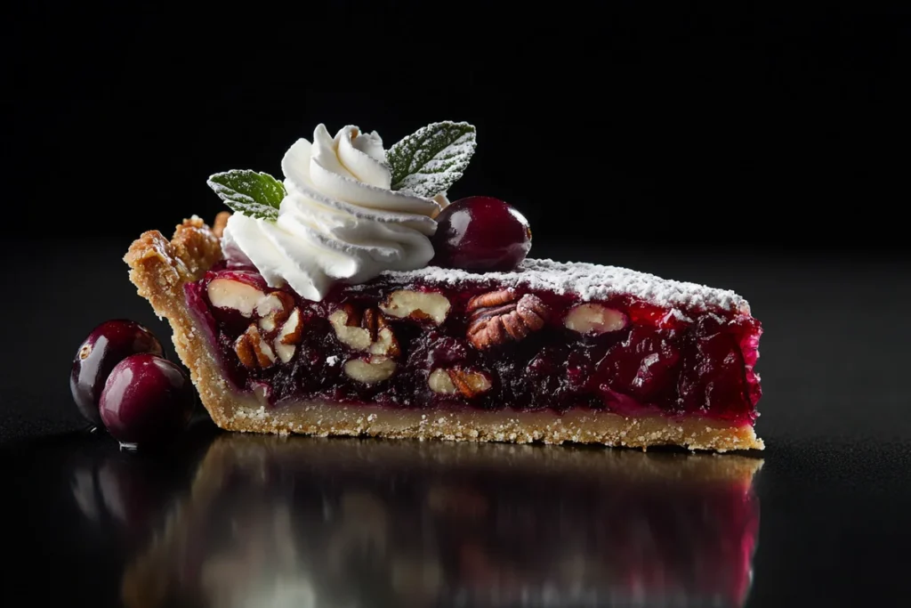 A delicious slice of cranberry pecan pie on a white plate.
