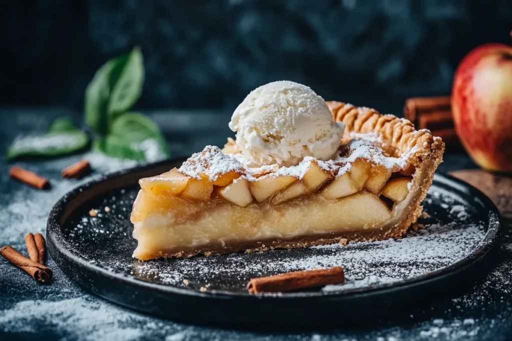 A freshly baked rustic apple pie on a wooden bo