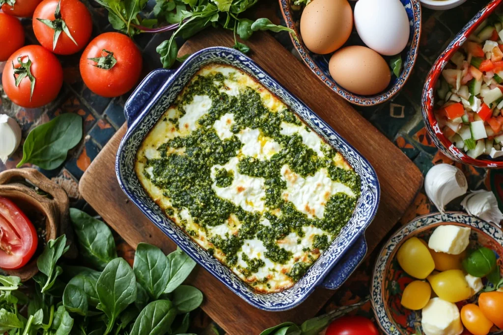 A freshly baked cottage cheese egg bake in a glass dish, showing off this cheesy egg bake.