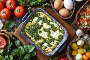 A freshly baked cottage cheese egg bake in a glass dish, showing off this cheesy egg bake.