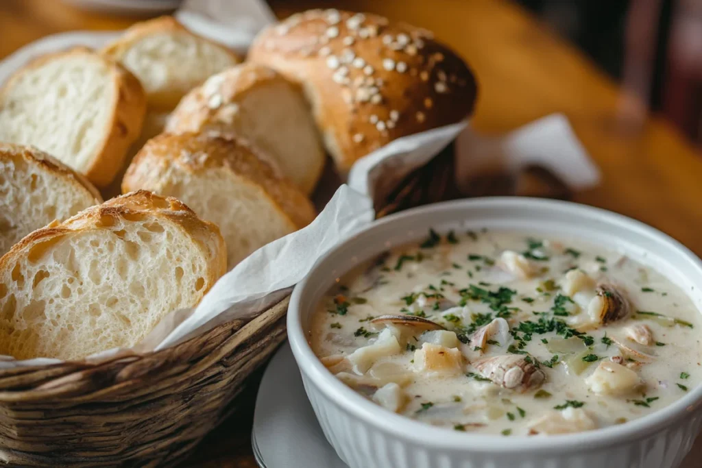Enjoying How to eat clam chowder in a bread bowl with a spoon.