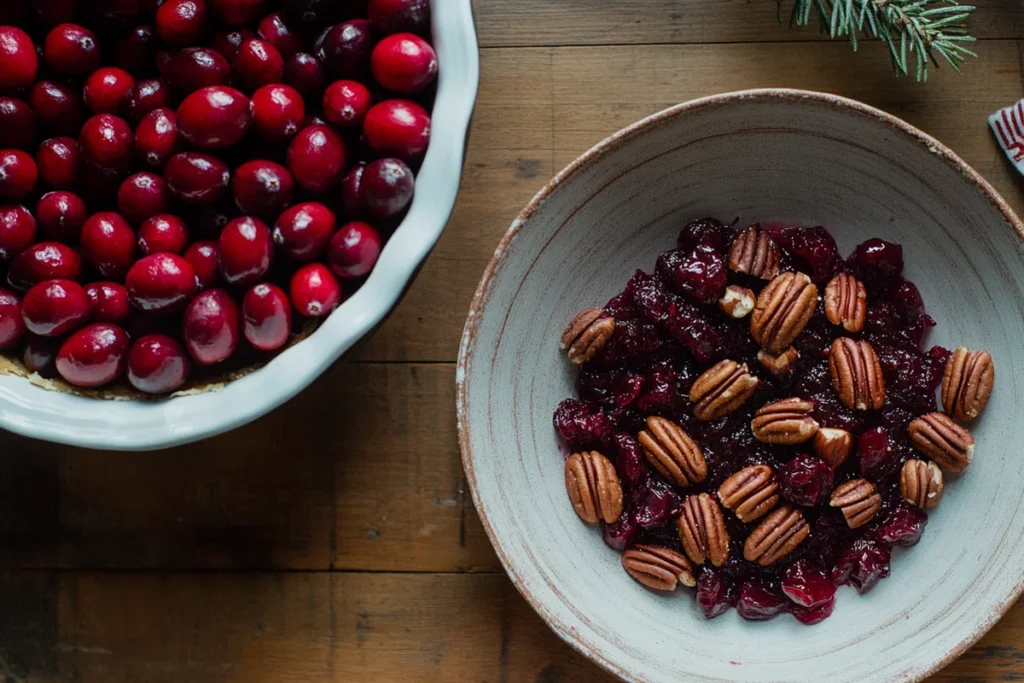 A delicious slice of cranberry pecan pie on a white plate.