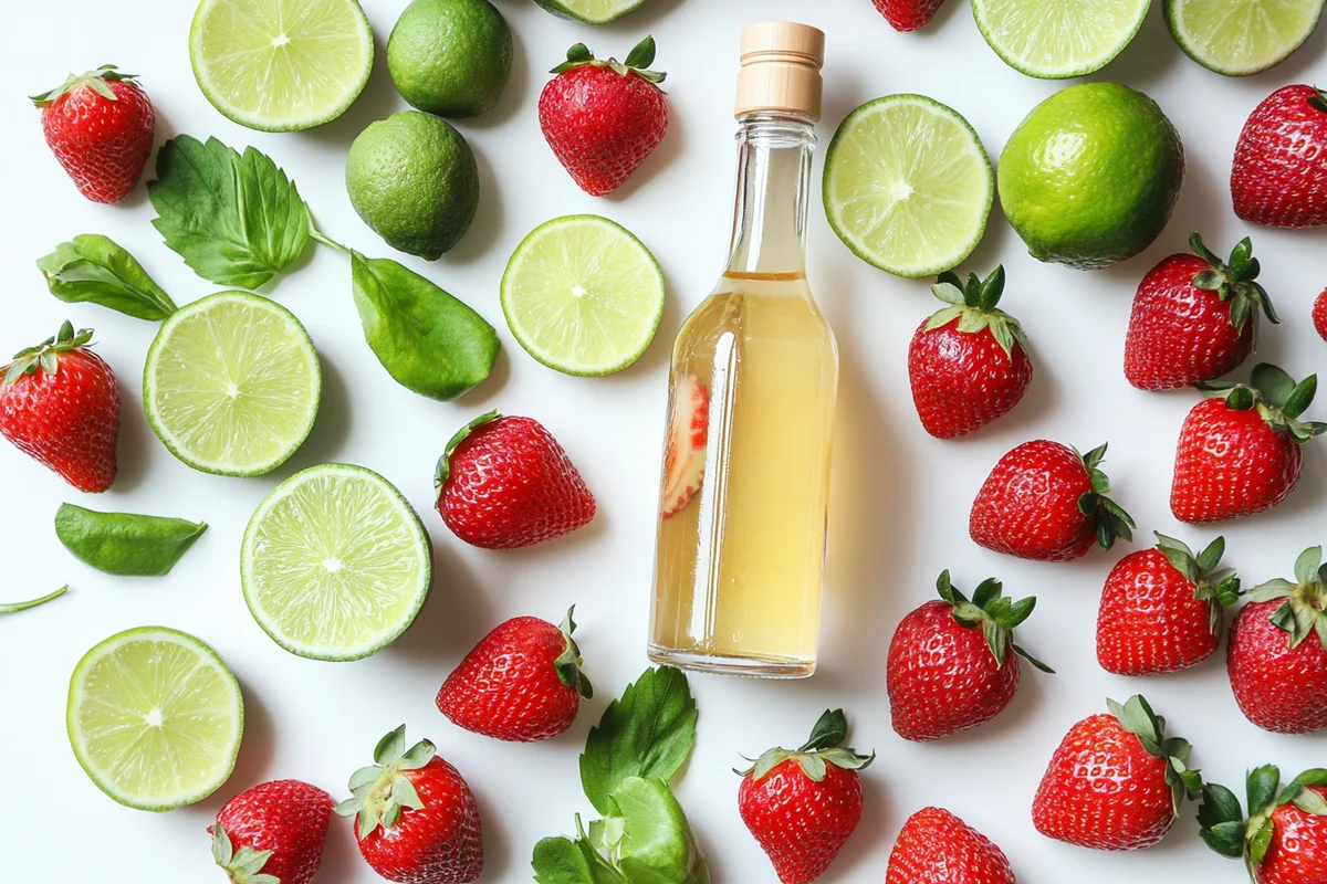 A variety of strawberry daiquiri ingredients