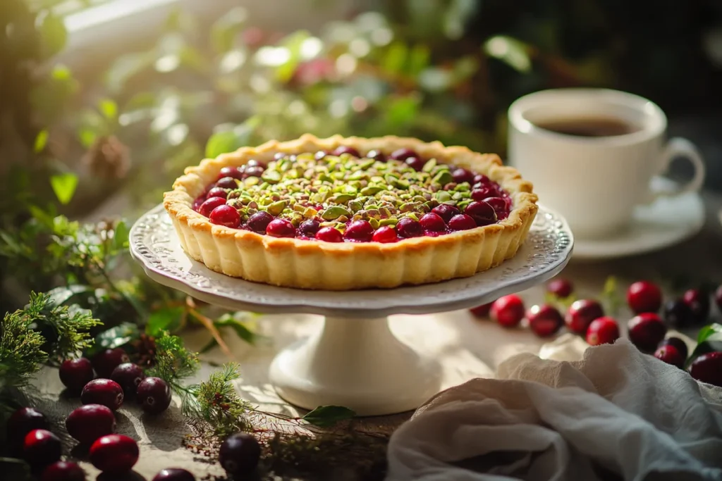 Cranberry custard pie on a plate.