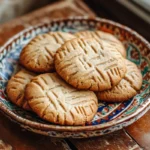 A plate of peanut butter cookies sits on a wooden table.