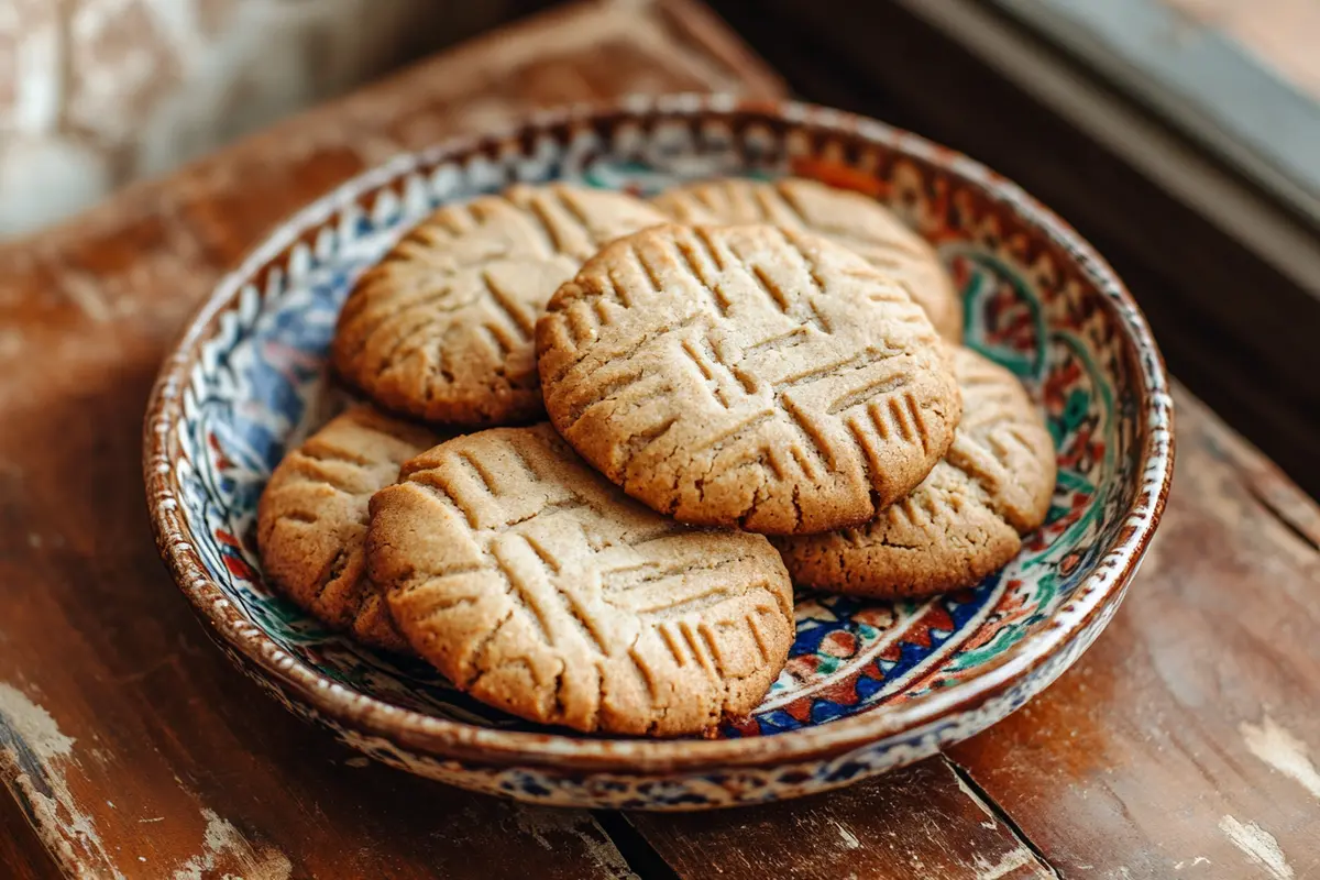 A plate of peanut butter cookies sits on a wooden table.