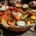 A large platter of shellfish including lobster, shrimp, and crab is served on a wooden table.