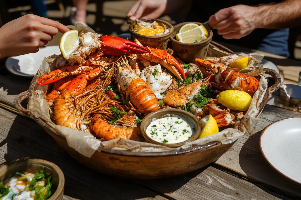 A large platter of shellfish including lobster, shrimp, and crab is served on a wooden table.