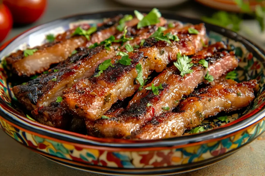 Grilled strips of skirt steak are garnished with parsley and served on a colorful plate.