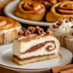 A slice of cinnamon roll cake topped with white frosting, cinnamon, and crunchy cereal bits sits on a white plate.