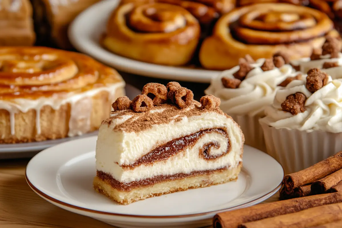 A slice of cinnamon roll cake topped with white frosting, cinnamon, and crunchy cereal bits sits on a white plate.