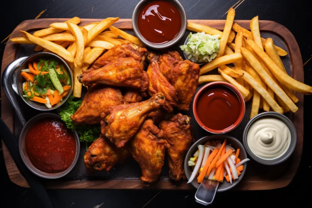 A wooden platter piled high with crispy chicken wings, french fries, and small bowls of dipping sauces and pickled vegetables.