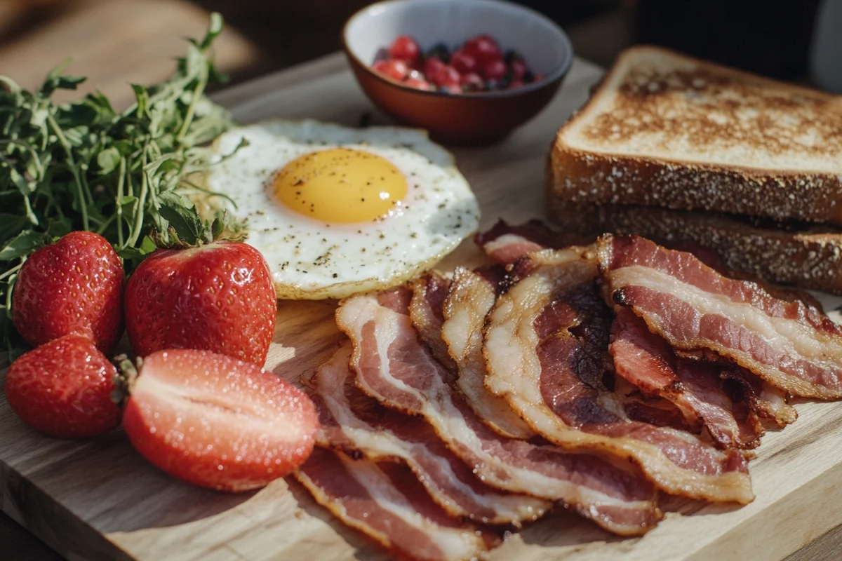 A breakfast plate with bacon, eggs, strawberries, toast, and red berries.