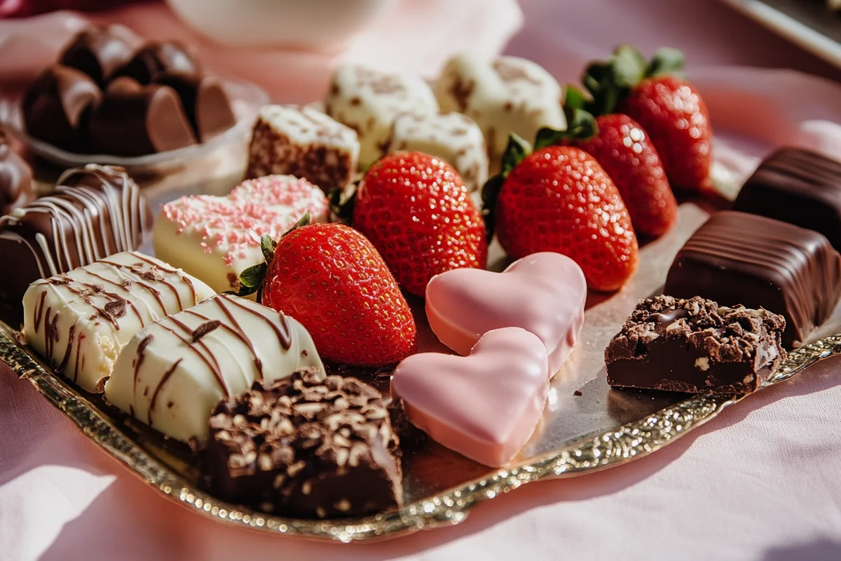 A close-up shot of a variety of homemade Valentine's Day chocolates arranged artfully on a pink tablecloth, showcasing heart shapes, chocolate-covered strawberries, and white chocolate bark