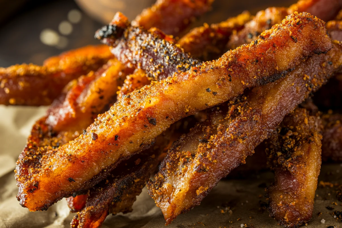 Close-up of crispy, seasoned bacon.