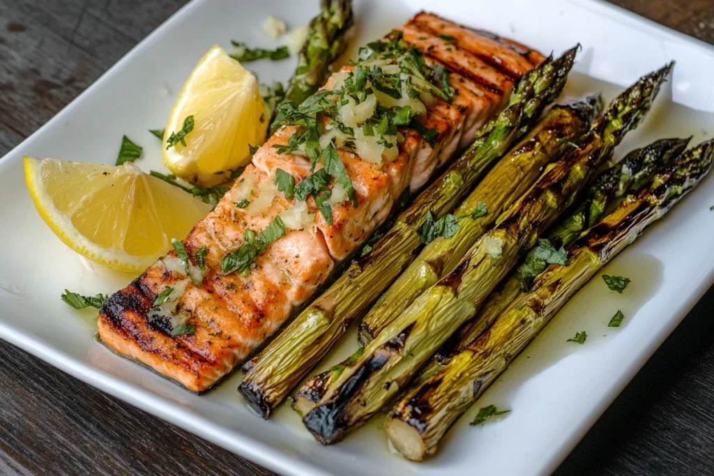 Grilled salmon fillet and asparagus are served with lemon wedges and chopped herbs.