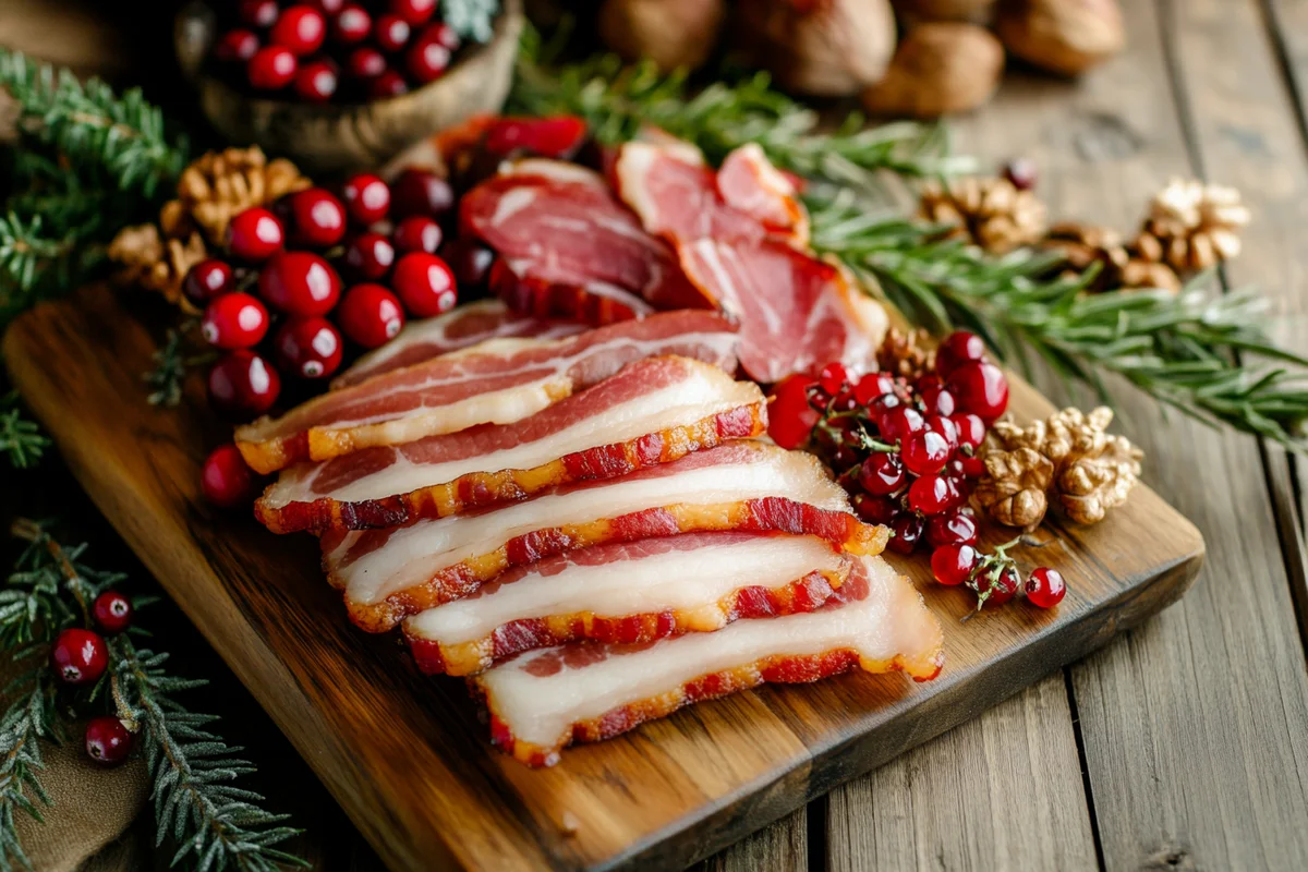 A charcuterie board with prosciutto, cranberries, and walnuts.