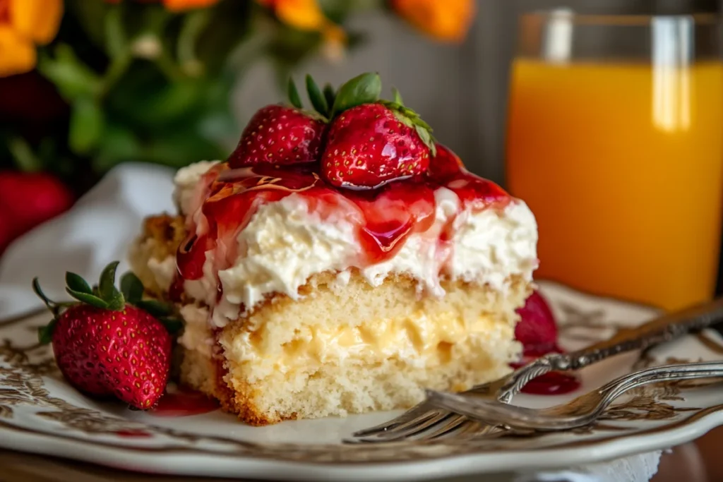 No bake strawberry cake with fresh strawberries and creamy filling.