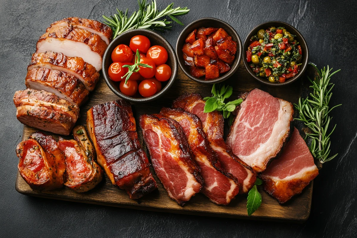 A wooden board displays an assortment of sliced and smoked meats, accompanied by small bowls of cherry tomatoes, candied yams, and a relish.