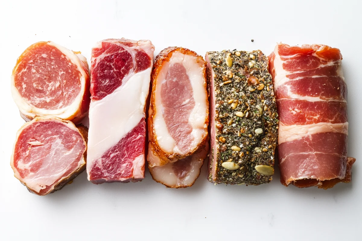  Different cuts of raw bacon.
