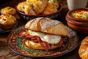 A croissant sandwich with fried egg and bacon sits on a colorful plate.