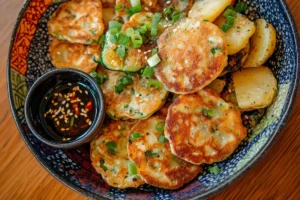 Savory pancakes and roasted potatoes are served with a small bowl of dipping sauce.
