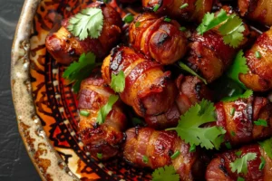 Close-up of bacon-wrapped sausages garnished with cilantro on a decorative plate.