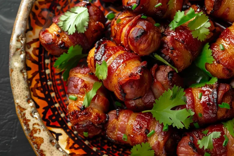 Close-up of bacon-wrapped sausages garnished with cilantro on a decorative plate.